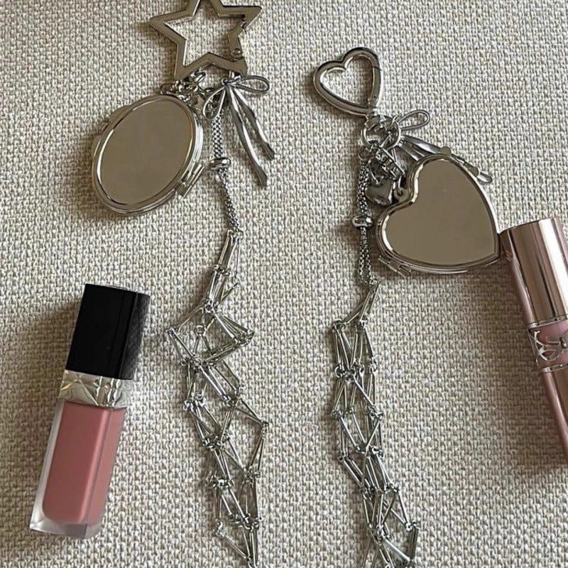 Lipstick Holder Keychain with Mini Mirror Heart Star Bag Charm
