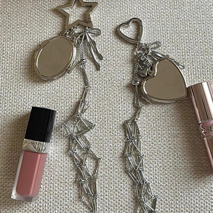 Lipstick Holder Keychain with Mini Mirror Heart Star Bag Charm