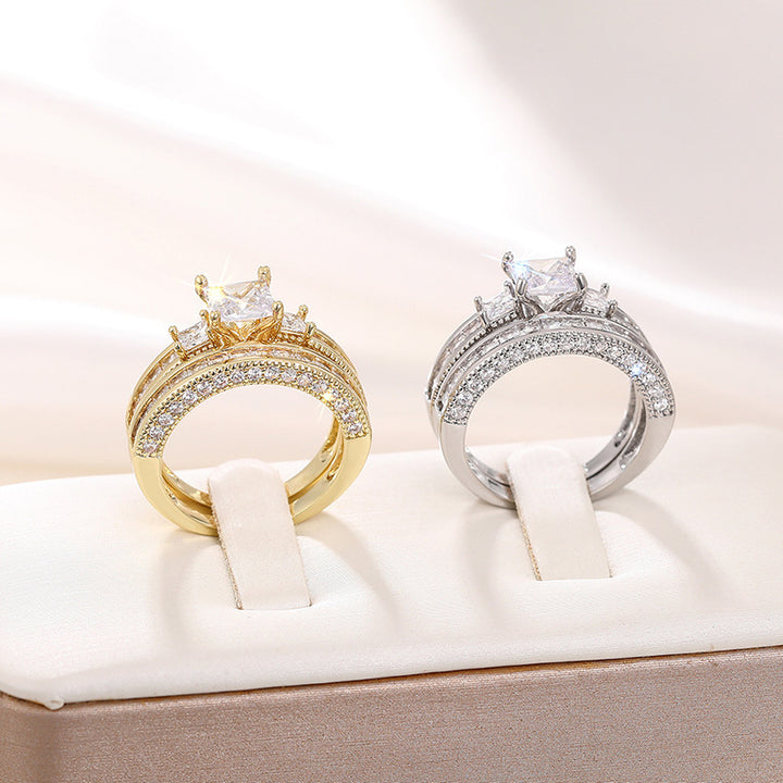 S925 Sterling Silver Three-Stone Princess Cut Stackable Ring Set, Milgrain Pave Wedding Engagement Band for Women