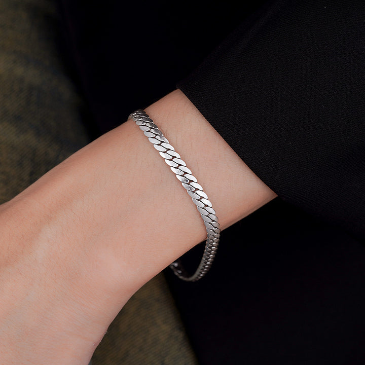 Sterling Silver Cuban Link Bracelet, Minimalist Flat Snake Chain Bracelet