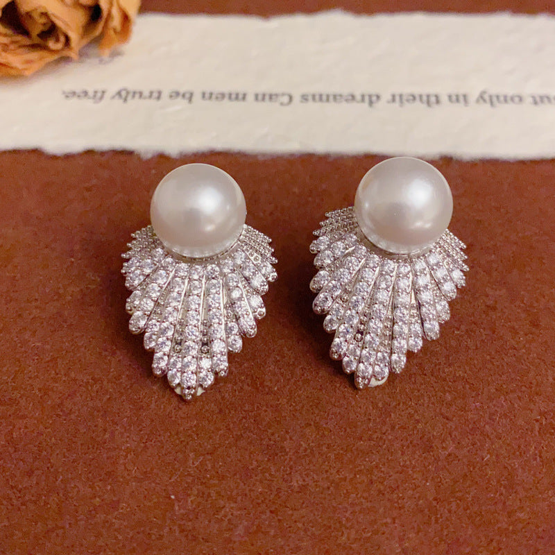 Luxury Pearl and Diamond Angel Wing Stud Earrings