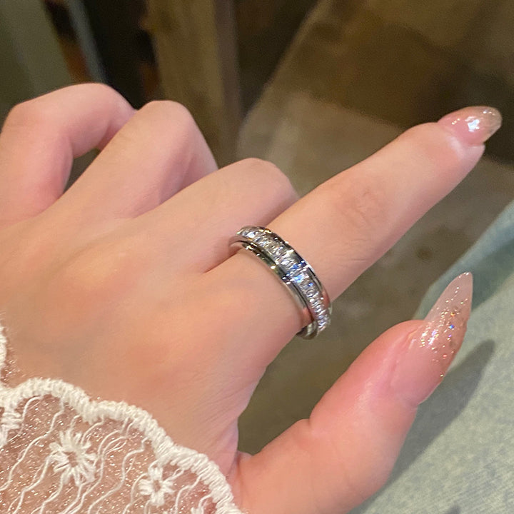 Spinning Double Row Diamond Ring Fidget Anxiety Relief Stackable Band for Women