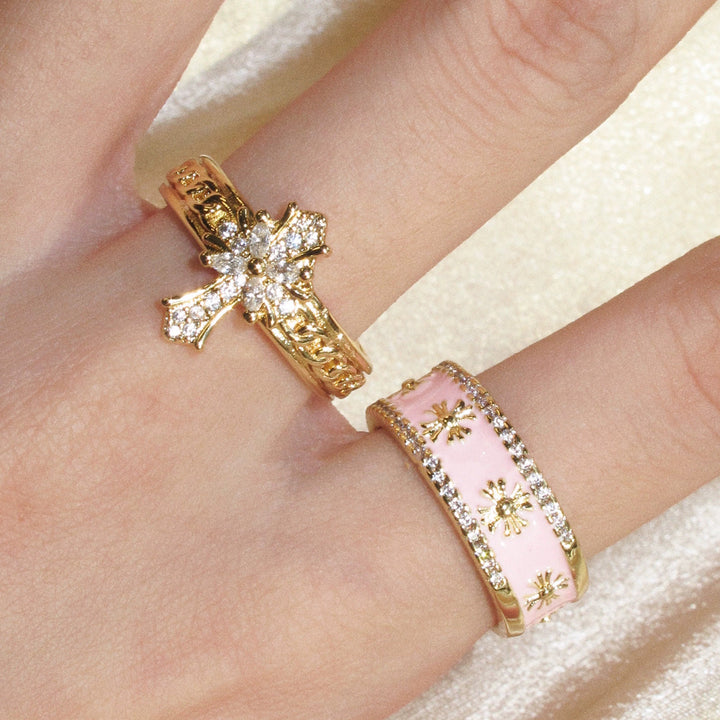 Pink Enamel Cross Ring Set | Y2K Diamond Open Adjustable Rings for Women
