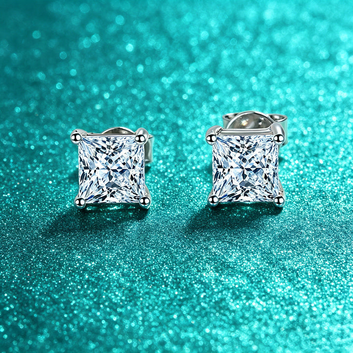 Princess Cut Diamond Stud Earrings Sterling Silver Solitaire Earrings for Women