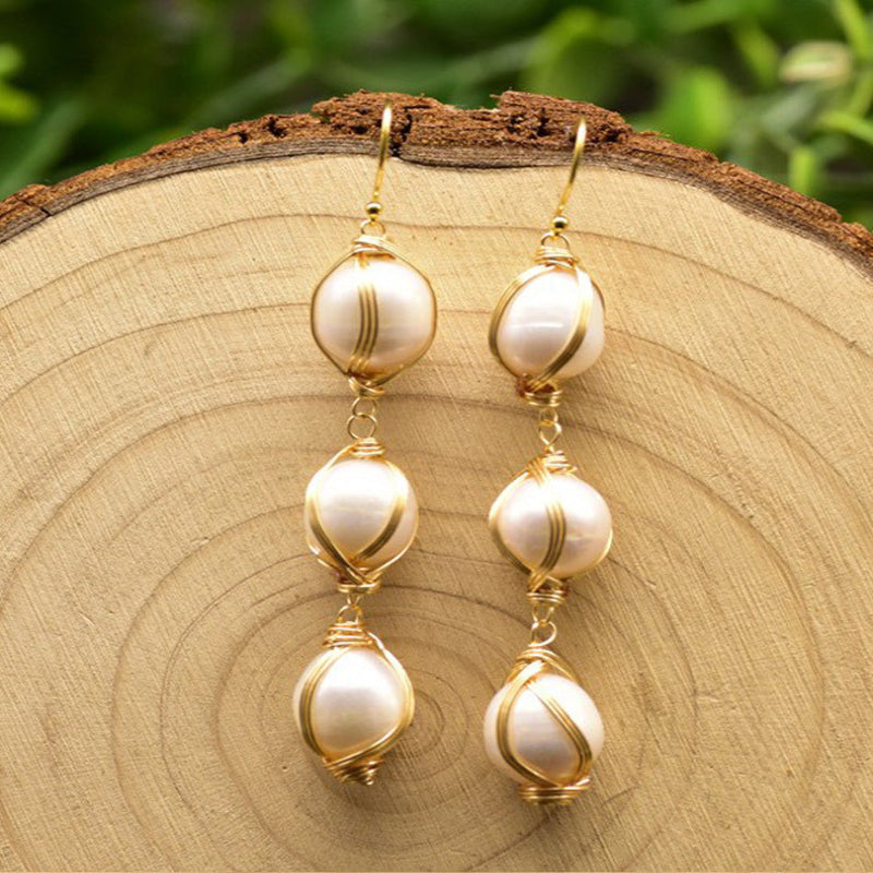 Elegant Gold Wire Wrapped Natural Pearl Dangle Earrings
