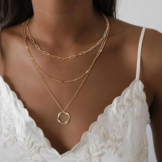 Layered Twist Circle Pendant Necklace Minimalist Stackable Chain Set