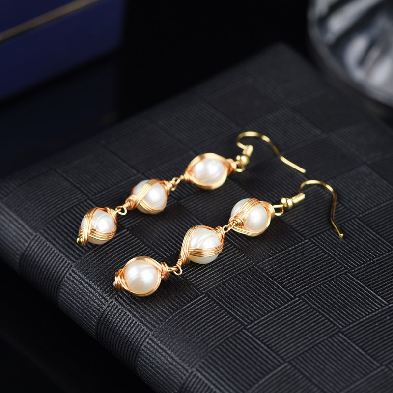 Elegant Gold Wire Wrapped Natural Pearl Dangle Earrings