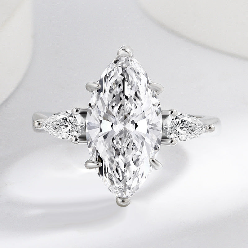 Marquise Cut Three-Stone Diamond Ring with 925 Sterling Silver