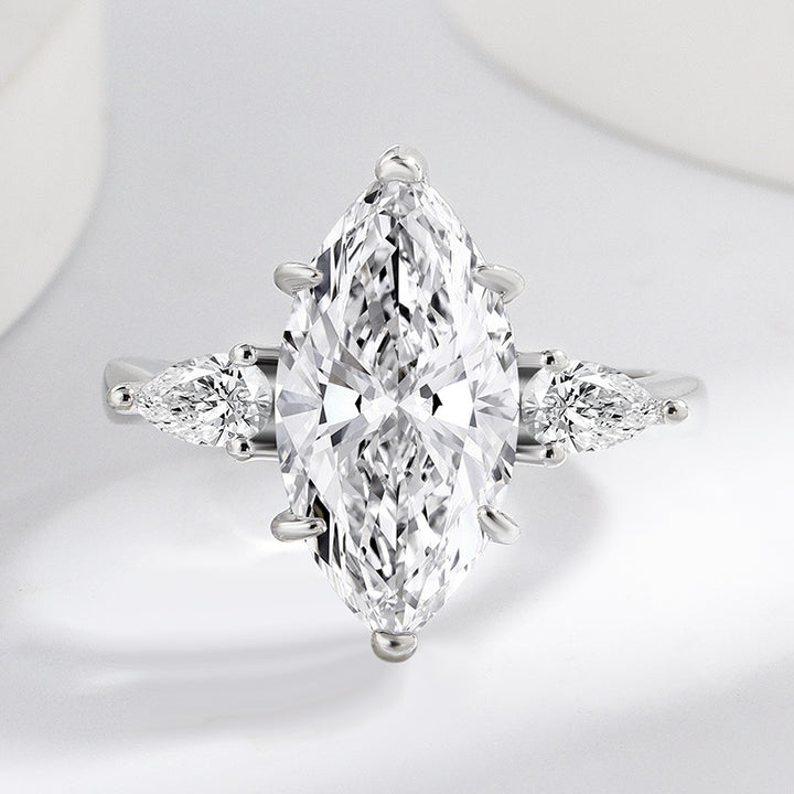 Marquise Cut Three-Stone Diamond Ring with 925 Sterling Silver