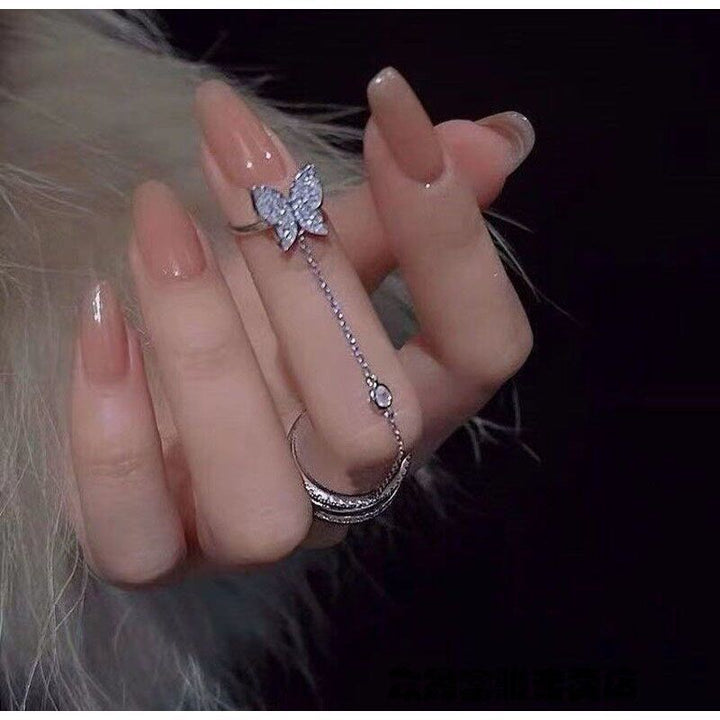 Butterfly Linked Ring Set Crystal Double Finger Chain Ring