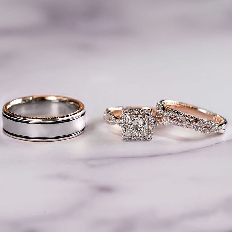 Princess Cut Halo Bridal Ring Set 14K Gold Diamond Wedding Trio