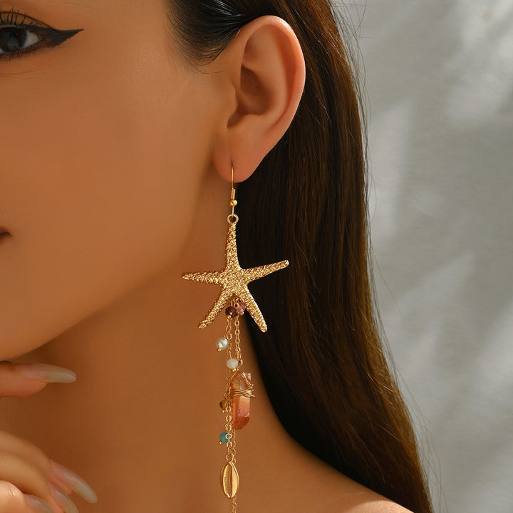 Bohemian Starfish Tassel Earrings Beachy Crystal Shell Drop Earrings for Women
