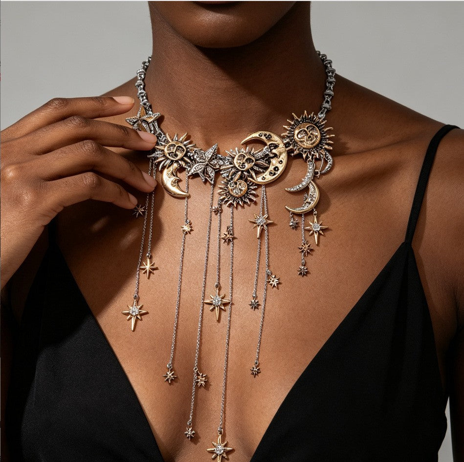 Celestial Sun Moon Star Fringe Necklace Two-Tone Crystal Statement Jewelry for Women
