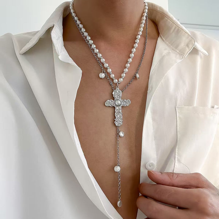 Vintage Layered Pearl Cross Necklace