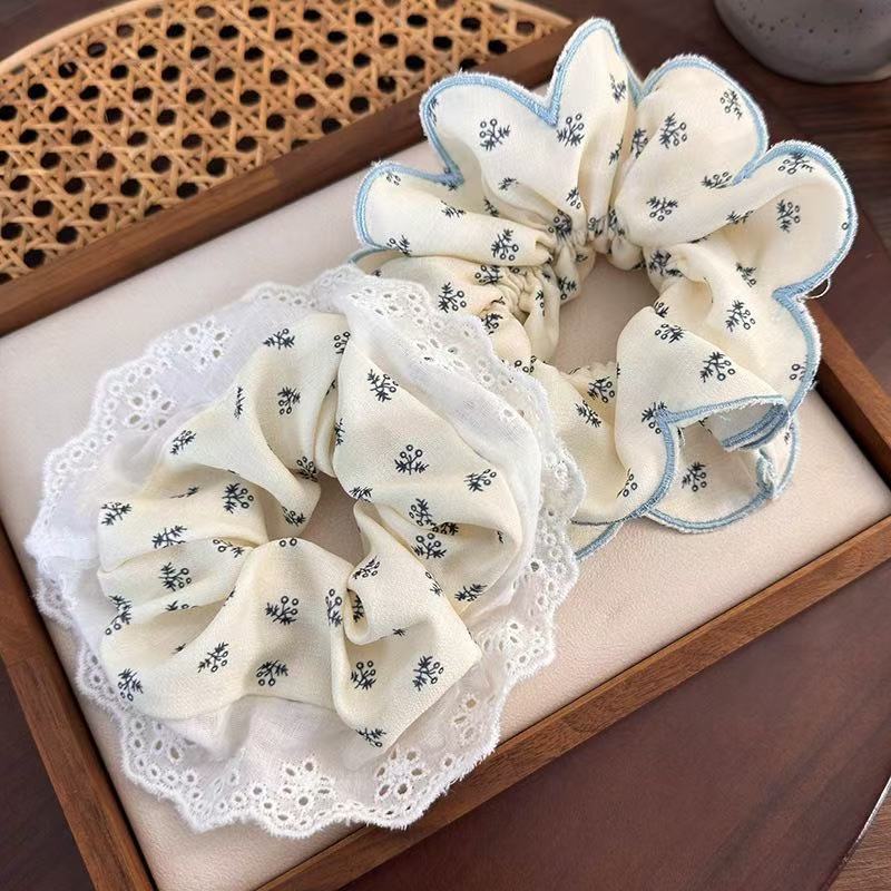 Cream Floral Lace Scrunchie Set Blue Trim Hair Ties