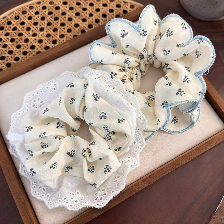 Cream Floral Lace Scrunchie Set Blue Trim Hair Ties