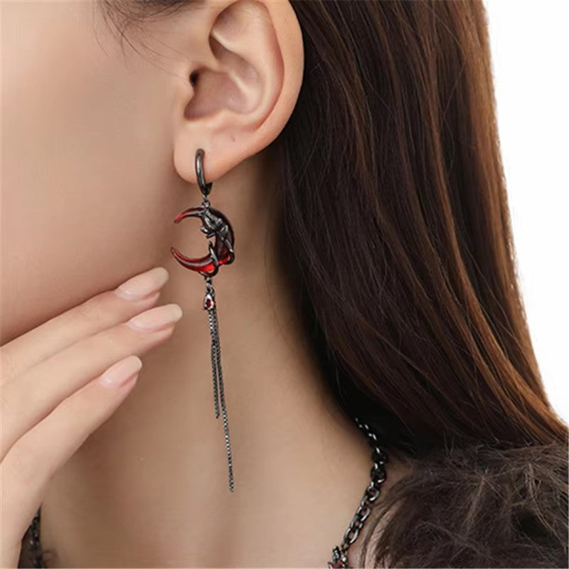 Gothic Red Moon Rose Drop Earrings S925 Sterling Silver Asymmetrical Tassel Earrings