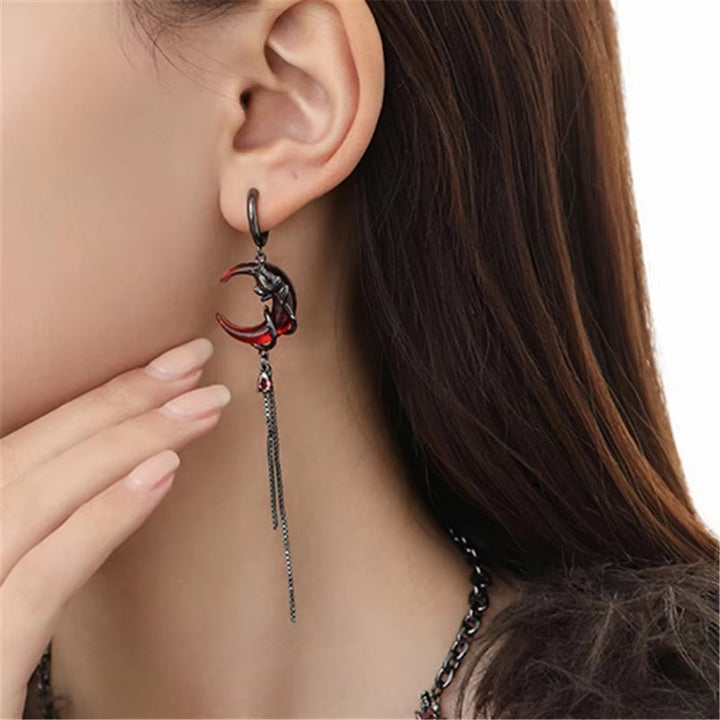 Gothic Red Moon Rose Drop Earrings S925 Sterling Silver Asymmetrical Tassel Earrings