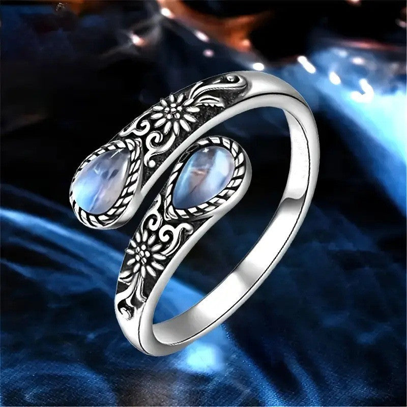 S925 Silver Two Stone Bypass Open Ring Moonstone Onyx Vintage Carved Adjustable Ring