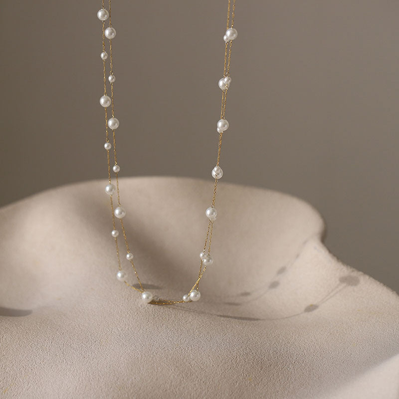 Double Layer Floating Pearl Choker Necklace S925 Sterling Silver