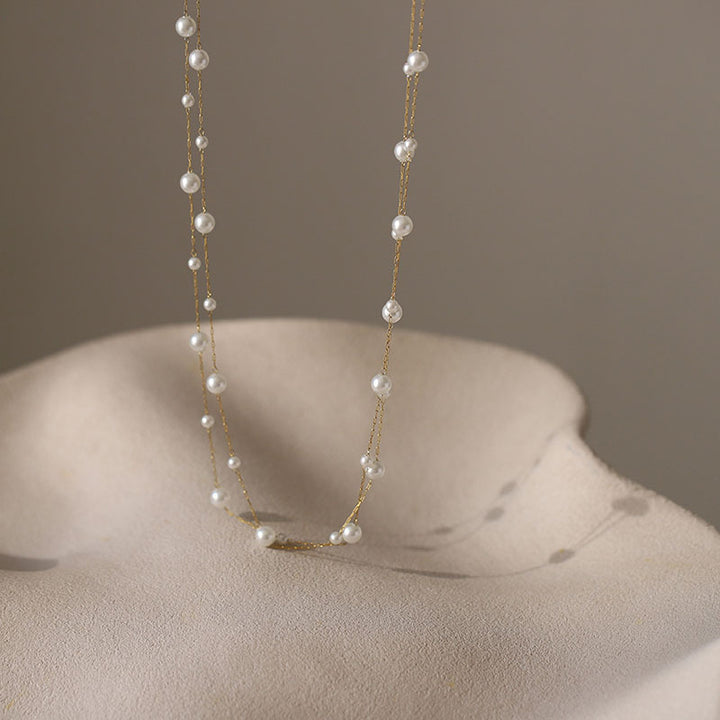 Double Layer Floating Pearl Choker Necklace S925 Sterling Silver