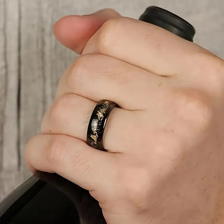 Black Ceramic & Gold Foil Inlay Titanium Steel Ring (Modern Luxury Minimalist Style)