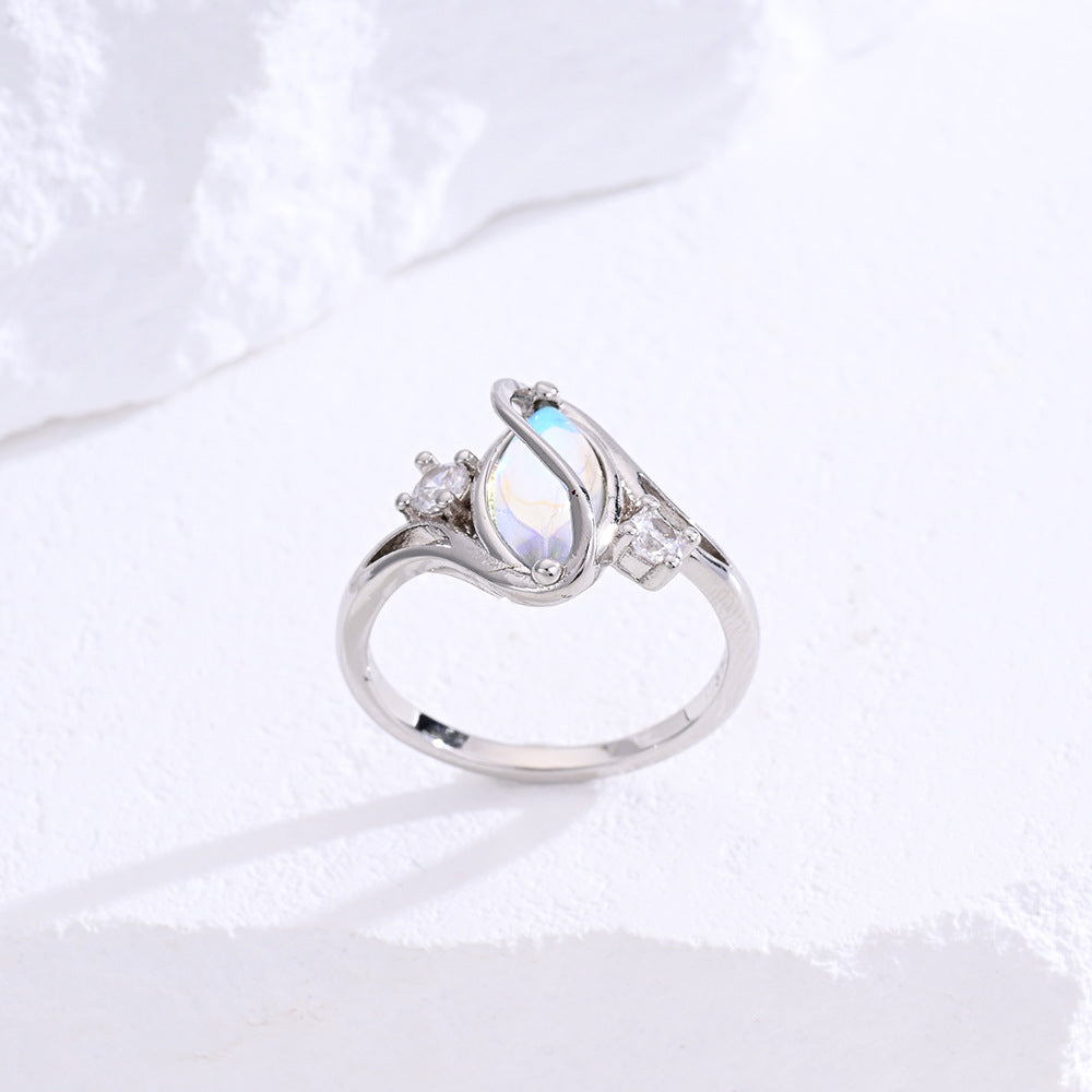 S925 Sterling Silver Marquise Moonstone Ring With Diamond Accents Twisted Wave Band Ring For Women