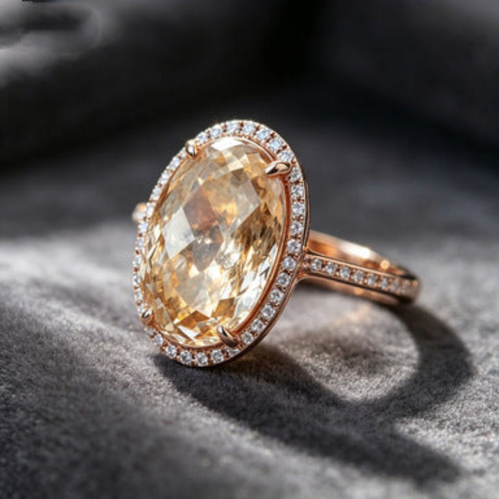Oval Golden Gemstone Halo Ring