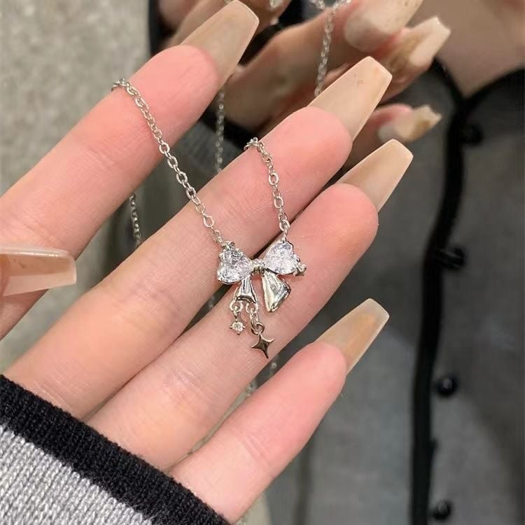 Minimalist Bow Pendant Necklace Delicate Gemstone Jewelry