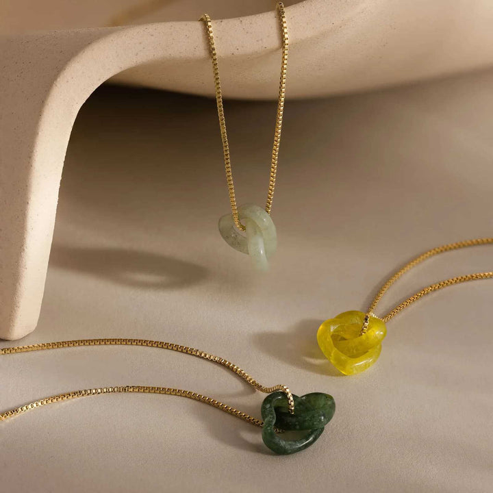 Natural Jade Interlocking Heart Necklace Minimalist Gemstone Pendant Necklace