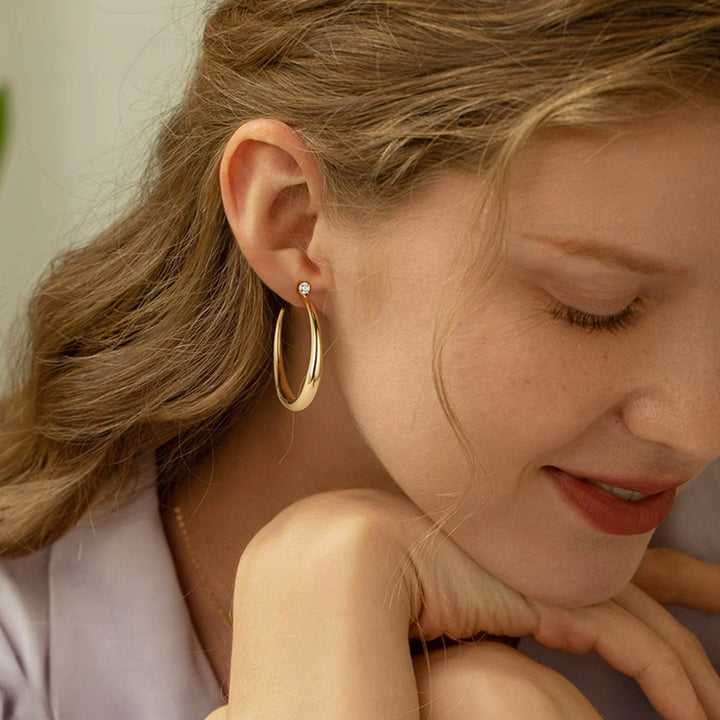 C-Shaped Drop Earrings with Diamond Stud - Minimalist Gold Hoop Earrings for Women