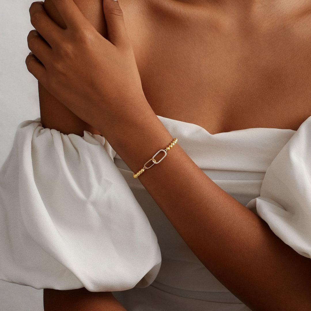 Minimalist Beaded Paperclip Bracelet & Necklace Set S925 Sterling Silver with Natural Diamonds