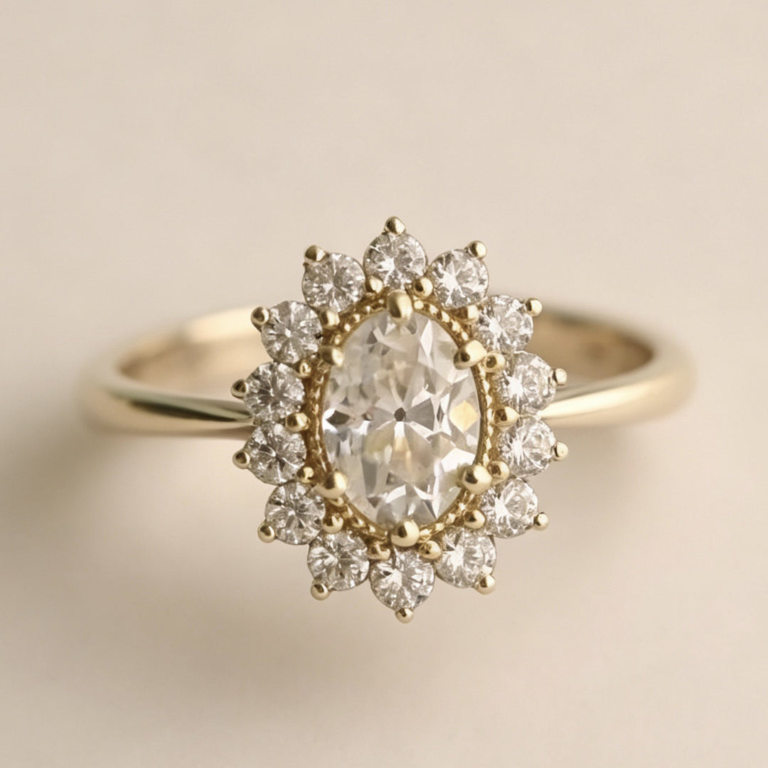 Oval Diamond Sunburst Halo Ring