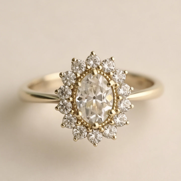 Oval Diamond Sunburst Halo Ring