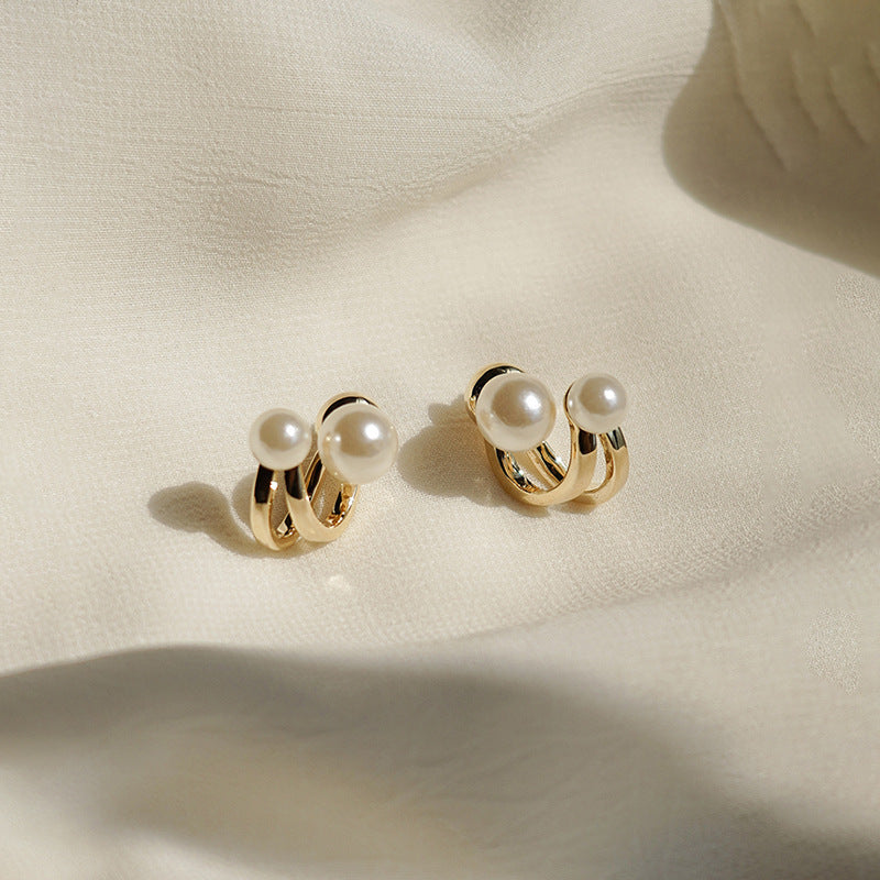 Dual Pearl Curved Stud Earrings Sterling Silver