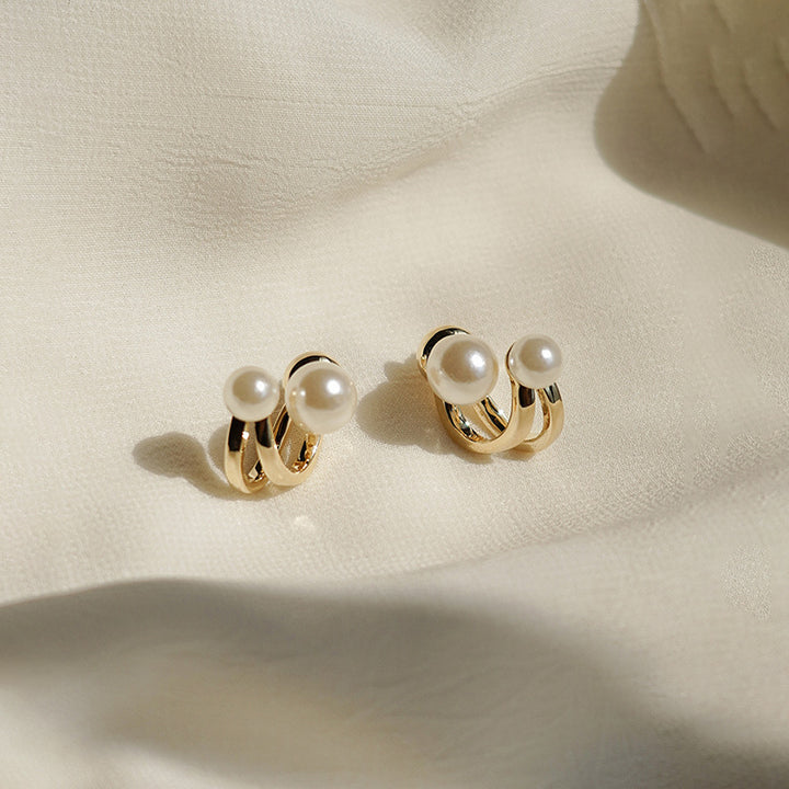 Dual Pearl Curved Stud Earrings Sterling Silver