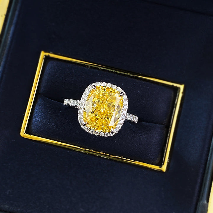 Cushion Cut Yellow Diamond Halo Ring with Paved Band