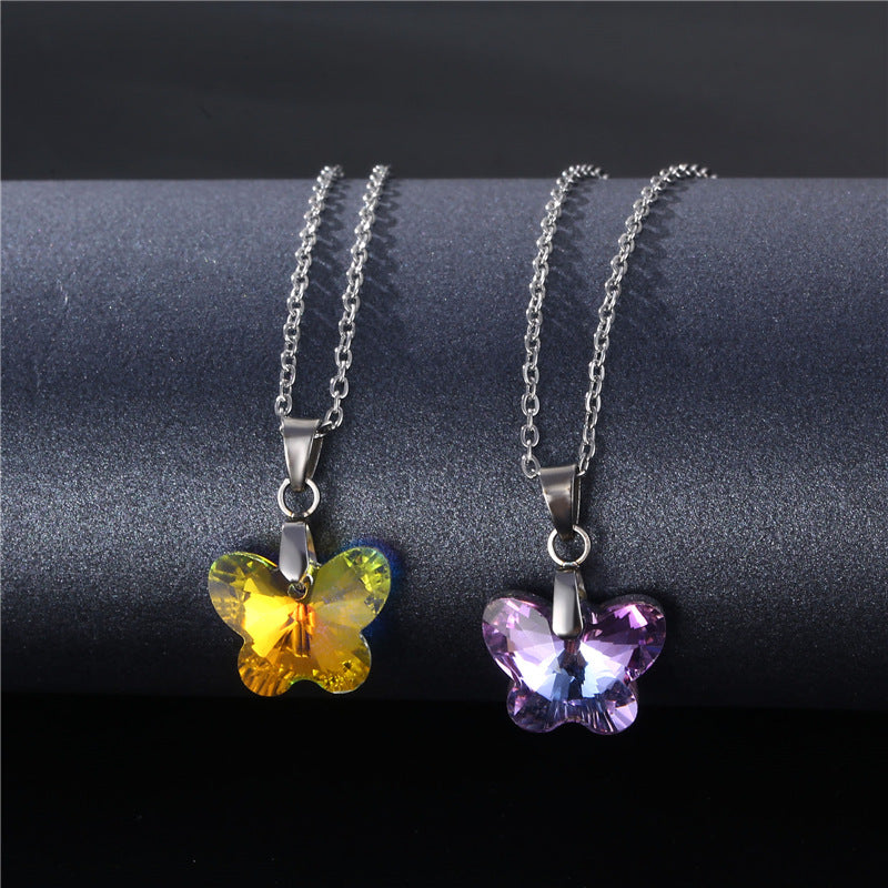 Crystal Butterfly Pendant Necklace Colorful Gemstone Jewelry for Women