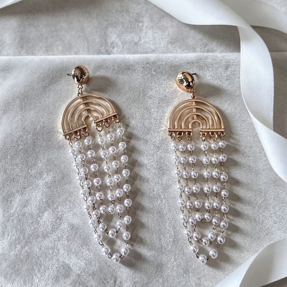 Vintage Gold Rainbow Arch Pearl Tassel Earrings