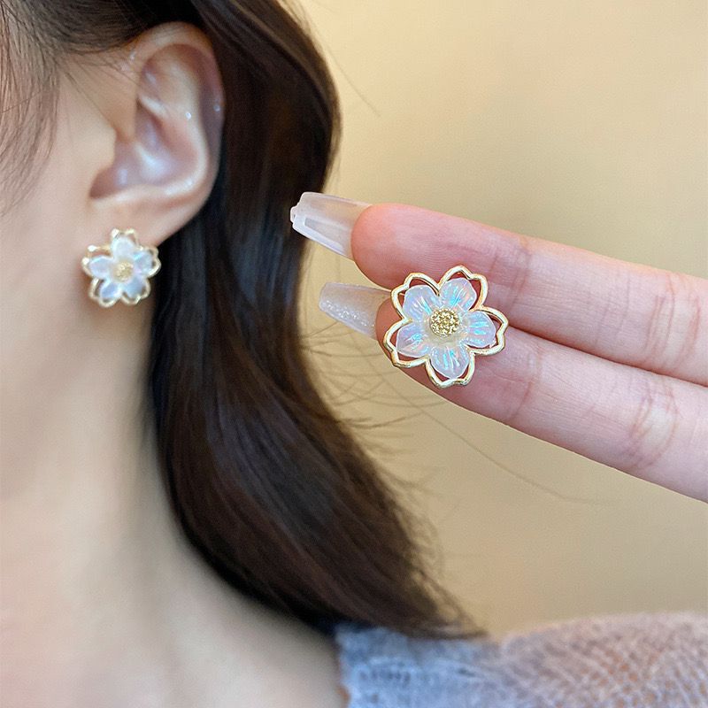 Iridescent Flower Stud Earrings Sterling Silver Post