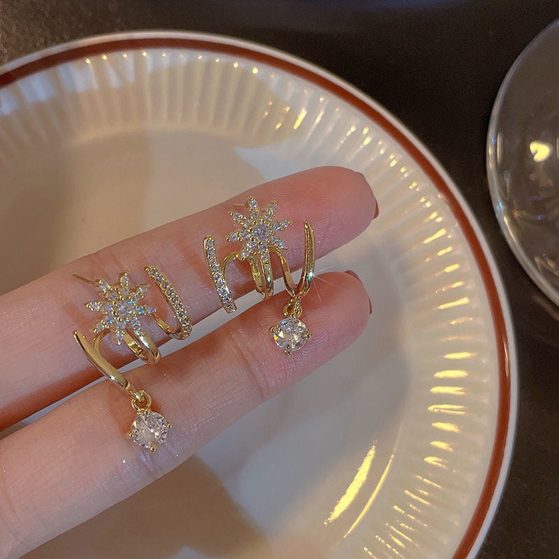 Plated Starburst Diamond Drop Earrings Sterling Silver Post Cuff Earrings for Women