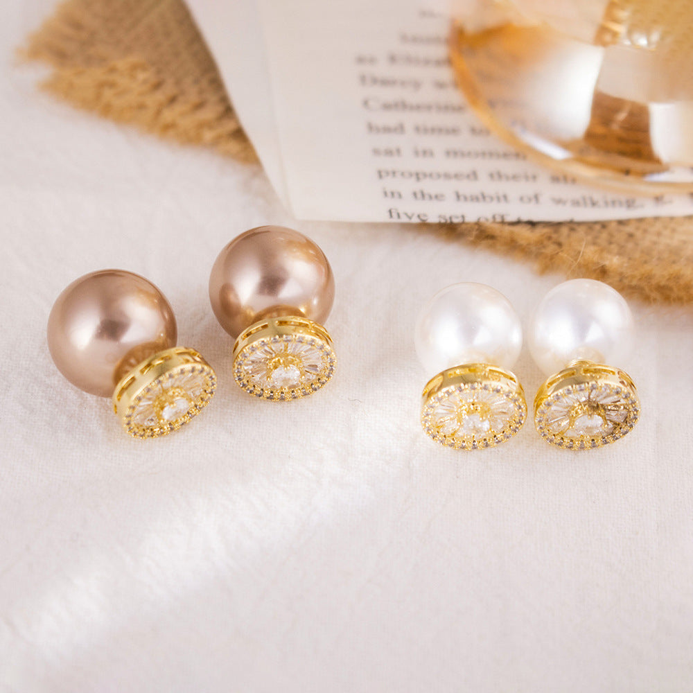 S925 Sterling Silver Double Sided Pearl Stud Earrings With Diamond For Women