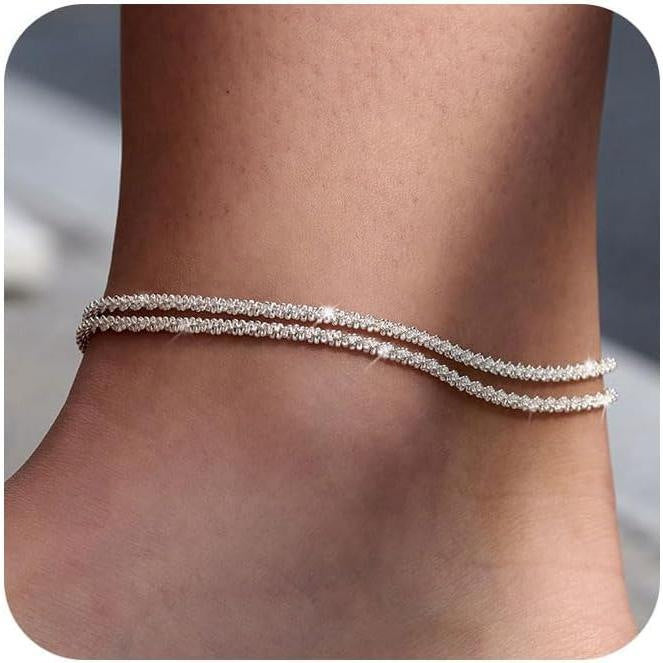 Double Layer Sparkle Anklet - Shimmering Wavy Ankle Bracelet for Women
