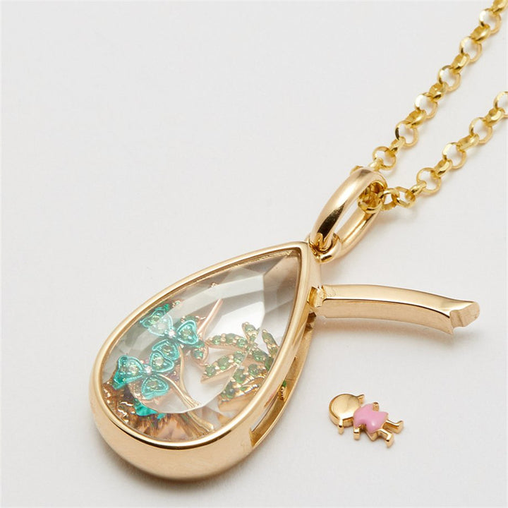 Teardrop Locket Necklace with Interchangeable Charms Customizable Gold Crystal Pendant for Women