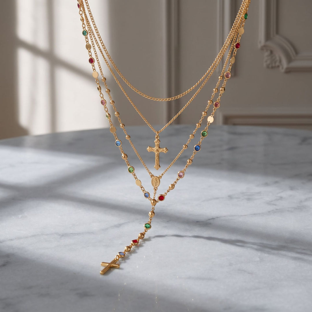 Minimalist Cross Layered Necklace Set with Colorful Gems