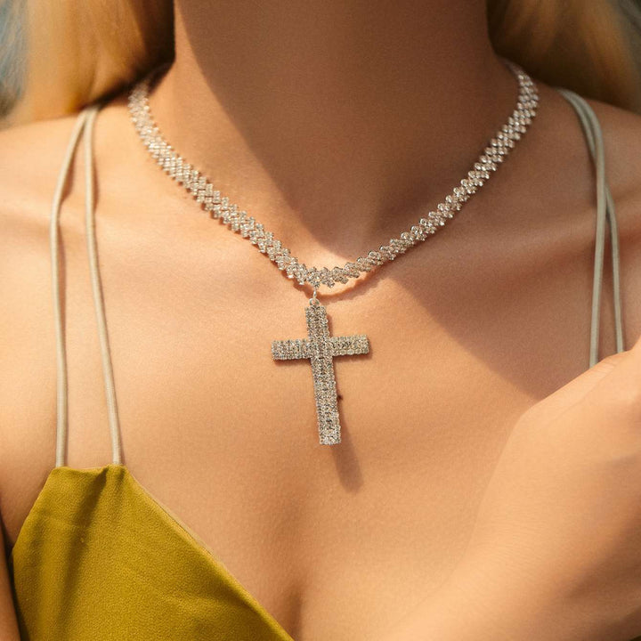 Crystal Cross Pendant Choker Necklace Tennis Chain Religious Jewelry for Women