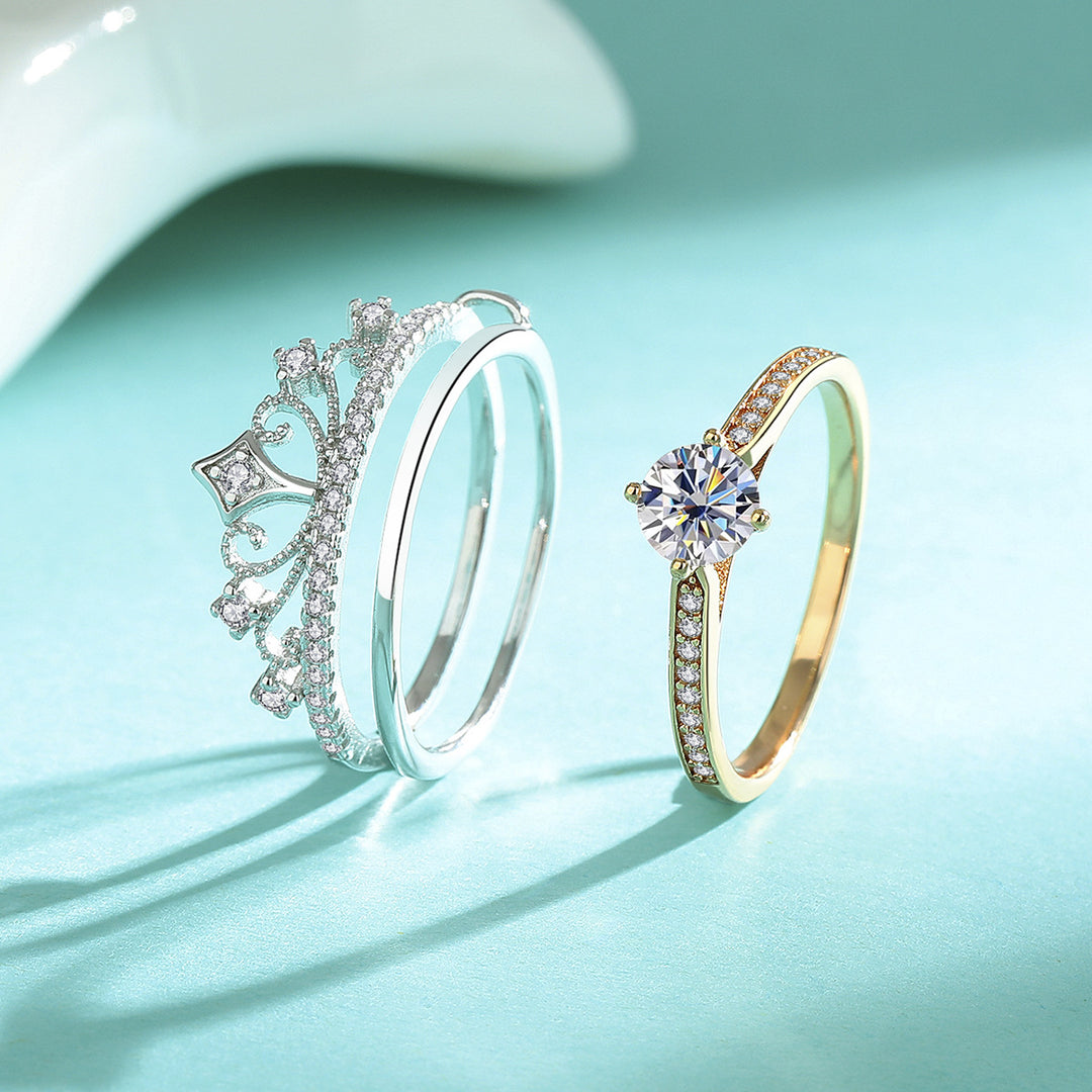 Two-Tone Castle Firework Stackable Ring Lace Hollow Double Layer Engagement Wedding Ring Set For Women