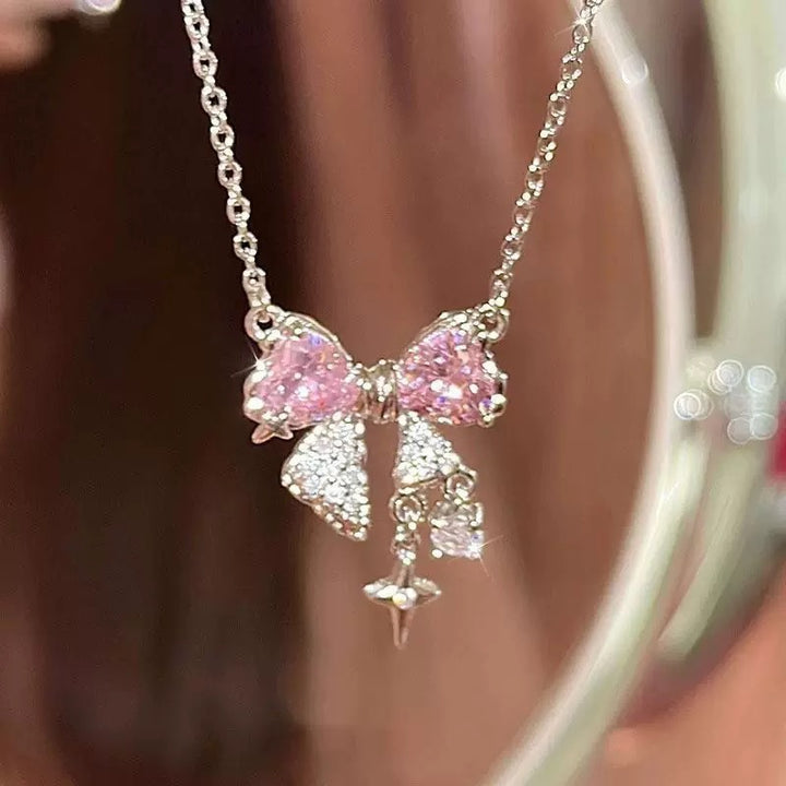 Minimalist Bow Pendant Necklace Delicate Gemstone Jewelry