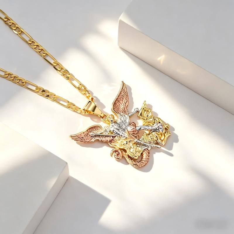 Saint Michael &amp; Cross Diamond Pendant Necklace Figaro Chain Religious Jewelry for Men