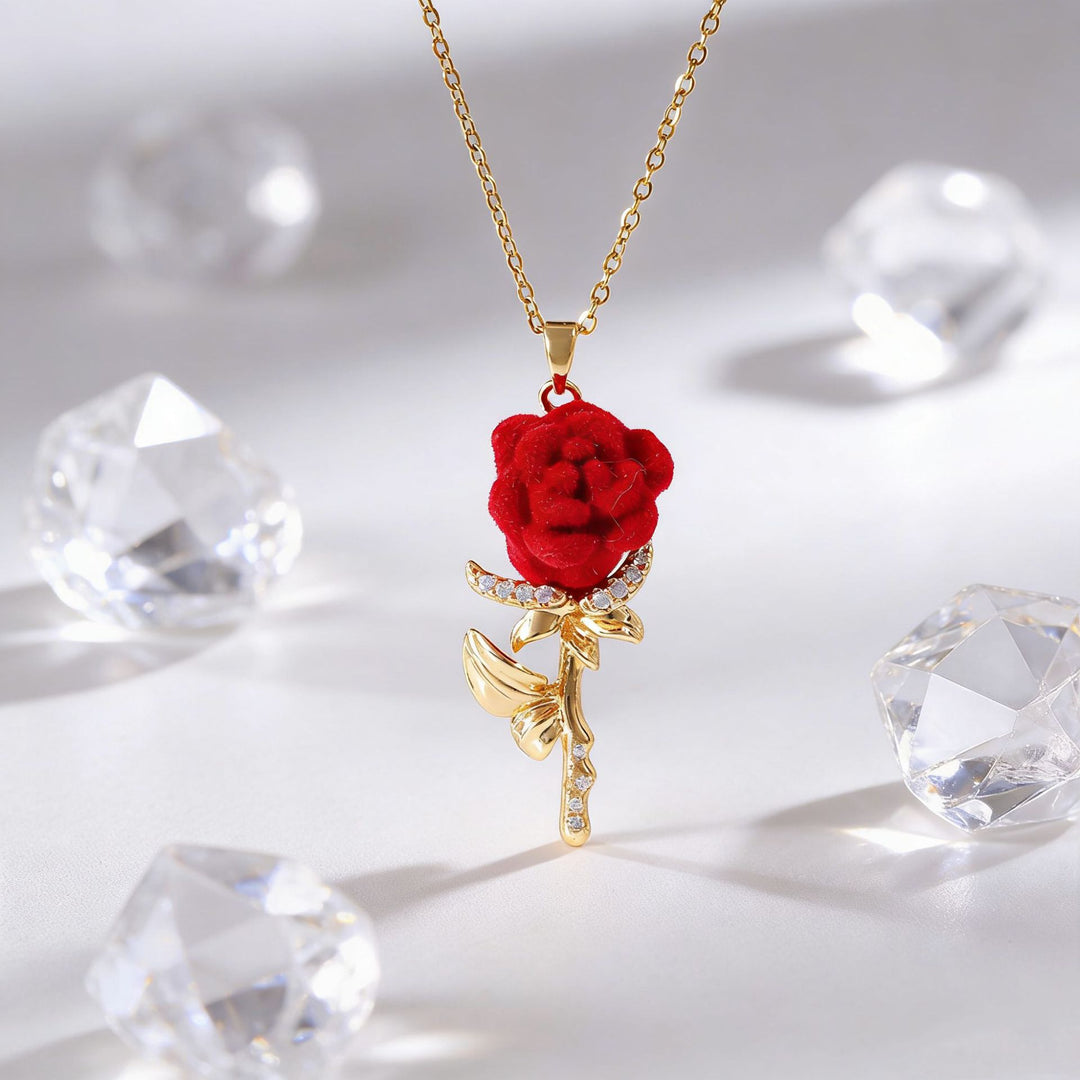 Red Velvet Rose Pendant Necklace Romantic Floral Jewelry